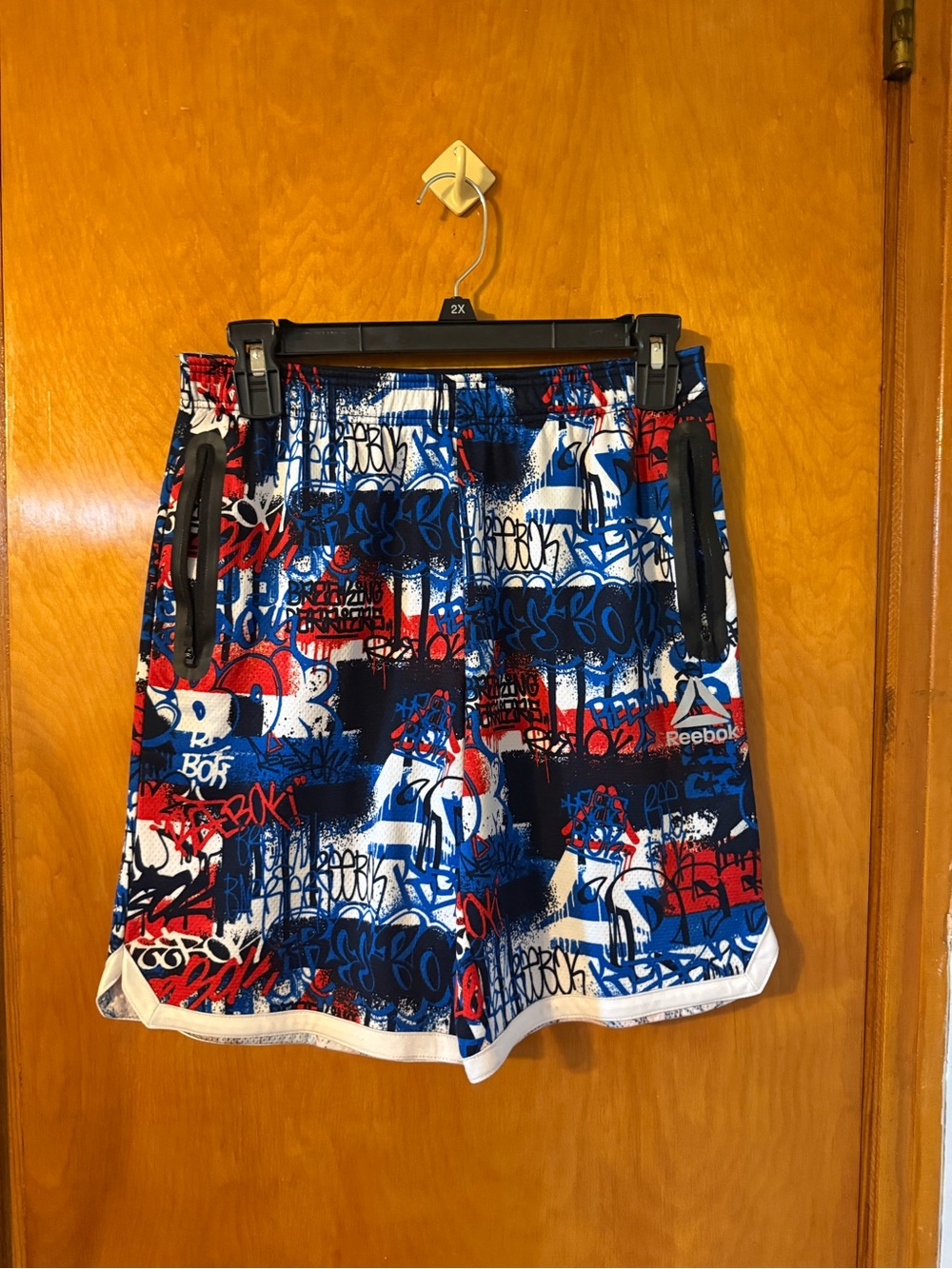 Reebok Graffiti-Print Athletic Shorts - Red, Blue, White